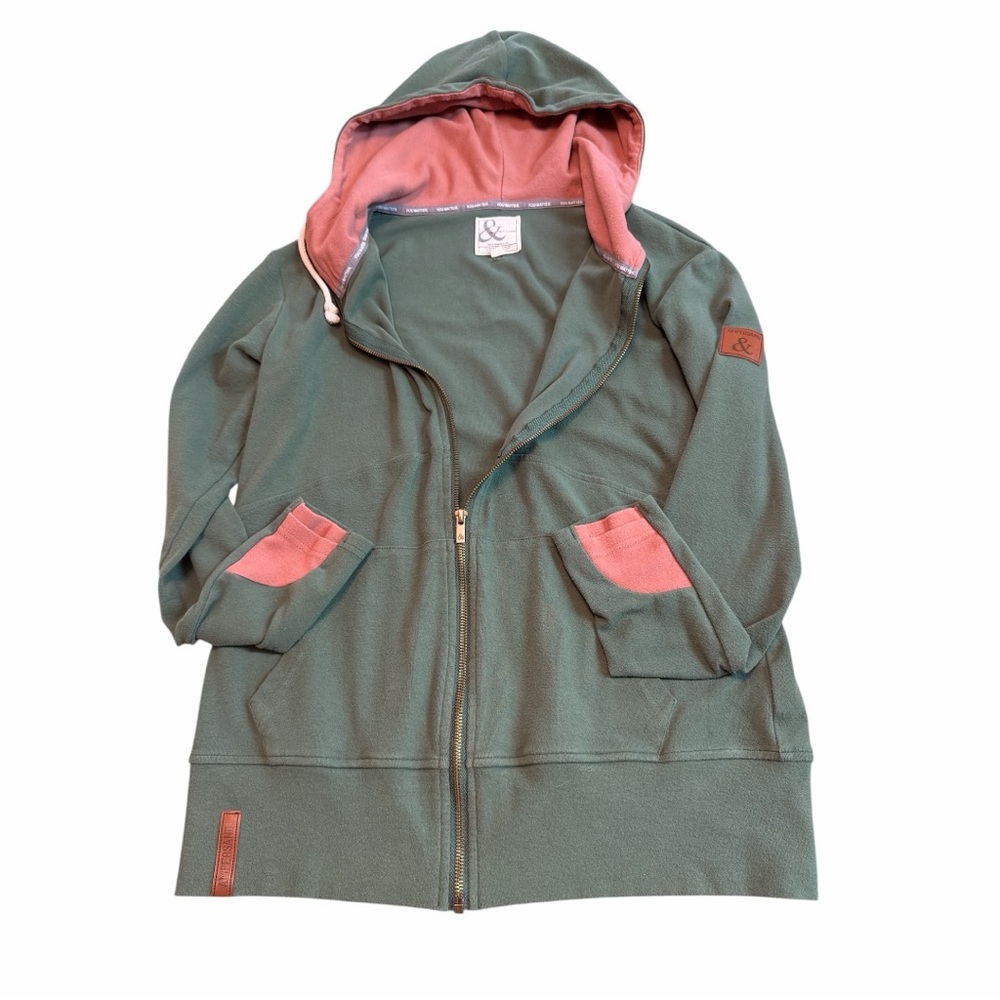 Ampersand Avenue Double Hood Hoodie Green Pink Zip Sweatshirt Size M